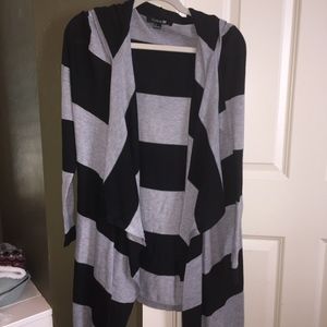 grey and black stripe hooded sweater